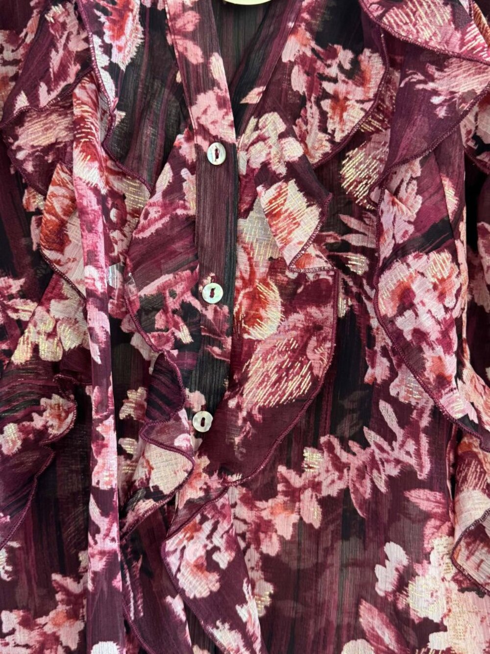 Chenault Floral Ruffle Blouse Burgundy Pink Gold Metallic Size L NWT - Picture 5 of 7
